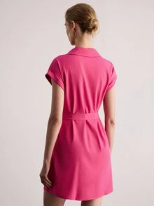 SHEIN 女款純色短袖拉鍊夏季洋裝 酒紅色 女裝套裝 - 玫紅色 - 查看 2