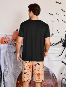CoupledUp Halloween Print Casual Short Sleeve Shorts Pajama Set For Men - Black - View 7