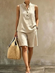 Trelyra Plus Size Women's Solid Color Top And Shorts Casual Daily 2-Piece Set - Khaki - View 3