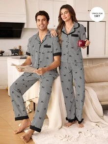 CoupledUp Men's Casual Home Loungewear Set, Black Striped Bow Print Contrast Trim Open Front Lapel Short Sleeve Top And Long Pants - Black and White - View 7