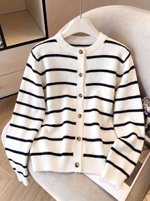 SHEIN 青少年女孩/小女孩休閒長袖黑白條紋開襟衫，秋冬服飾，條紋 - 白色 - 查看 2