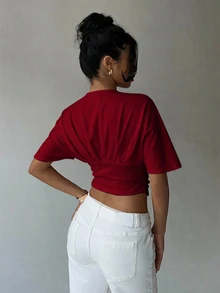 Aloruh 2件組女款深V領抓皺短袖上寬下窄修身T恤上衣 - 彩色 - 查看 4