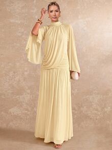 Lumalex Fall Winter Soft Comfortable Mesh Mock Neck Flowy Long Sleeve Ruched Draped Bodycon Dress With Flared Hem For Women Dawn-To-Gala Elegant Poised Let Yo - Apricot - View 3