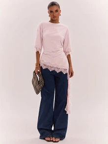 SHEIN BAE Women's Solid Color Round Neck Contrast Lace Asymmetric Hem Fashion Top - Coral Pink - View 3