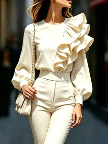 SHEIN Blus Panjang Wanita Model Terbaru Warna Aprikot Lengan Panjang dengan Hiasan Rumbai di Bagian Bawah - Aprikot - View 1