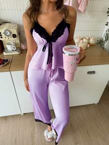 SweetSlumber Women's Sweet INS Colorblock Lace Patchwork Comfortable Slimming Knit Pink Pajama Set - Lilac Purple - View 3