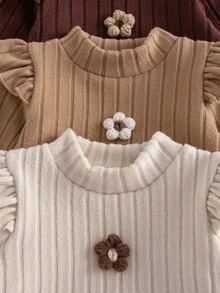3-Piece Set Girls' Spring/Autumn Back To School Outfit, Cream/Light Brown/Reddish Brown, Soft Korean Sweet Style Composite Plush Fabric, Vertical Ribbed Elastic Ribbed Solid Color 3D Flower Pattern, Semi-High Neck Flutter Sleeve Long Sleeve Top And Long Pants Two Pieces Set, Suitable For Back To School, Outings, Daily Wear, Girls' Outfit - Multicolor - View 8
