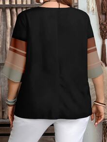 Mellowie Casual Minimalist Geometric Line Pattern Print Plus Size Black Shirt Suitable For Summer - Multicolor - View 2