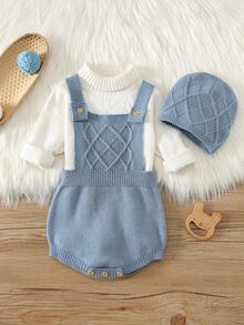 SHEIN Set Baju Terusan dan Topi Bayi Laki-laki Warna Polos Serbaguna dan Nyaman (2 potong) - Biru - View 9