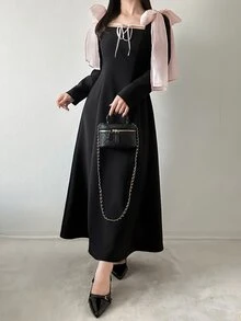 FRIFUL Women's Elegant Romantic Bowknot Long Dress Party Dinner Date Night Cocktail Black And Pink Fall Wedding - Grey - View 2