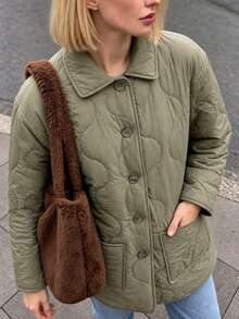 Struktiv Nordic Casual Style Solid Color Thin Loose Mid-Length Commuter Padded Coat - Olive Green - View 1