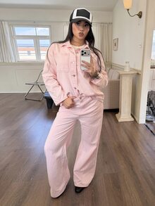 DAZY Women's Long Sleeve Single-Breasted Shirt And Long Pants Casual Denim Set Fall - Pink - View 2