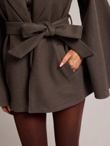 SHEIN BAE معطف نسائي أنيق بأكمام كيب، خريف/شتاء - قهوة بني - مشاهدة 4