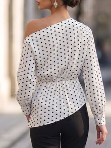 Editum Women's White And Black Polka Dot Print Asymmetrical Shoulder Ruched Waist Blouse Office Dinner Summer French Elegant - Multicolor - View 2