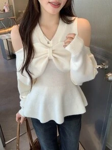 DAZY Sweater Wanita Lengan Panjang Model Korea Kerah V dengan Pita untuk Musim Gugur/Dingin - Putih - View 6