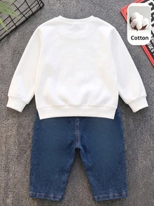 小男孩 2 件套服裝組合 字母印花白色圓領衛衣與休閒藍色牛仔褲 秋冬日常街頭穿搭 - 彩色 - 查看 2