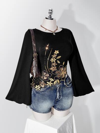 SHEIN ICON 大尺碼 Y2K 夏季女款復古波希米亞風度假亮面刺繡亮片黑色不對稱下擺刺繡船領喇叭袖上衣，時尚