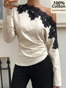 Siren Gaze 女款蕾絲拼接不對稱肩休閒法式優雅日常上衣，黑色花卉，適合早午餐、茶會、秋季 - 杏色 - 查看 5