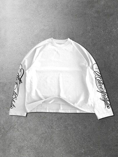 ROMWE MEN Street Life Camiseta de manga larga, estampado de eslogan en las mangas, streetwear, deportiva, casual