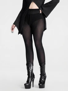 Breakform Gothic Halloween Women's Vertical Striped Sheer Mesh Textured Slim Fit Bodycon Dark Style Elastic Leggings - Black - View 3