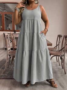 SHEIN VCAY Plus Size Women's Striped Ruffle Hem Cami Dress For Vacation - Royal Blue - View 5