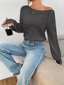 SHEIN PETITE 秋季休閒純色不對稱領毛衣 - 灰色 - 查看 5