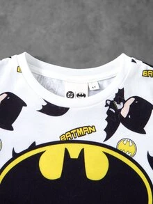 BATMAN X SHEIN 小男孩卡通圖案印花圓領短袖T恤，適合日常穿著 - 白色 - 查看 4