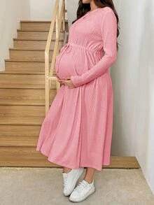 SHEIN Maternity Simple Textured Tie-Up Long Sleeve Dress Fall - Baby Pink - View 3