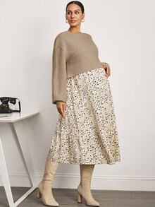 MaterniWear Maternity Solid Color Top & Ditsy Floral Print Dress Nursing 2-Piece Set Fall - Khaki - View 4