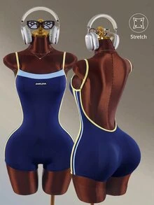 Amplova Contrast Color Striped Backless Spaghetti Strap Sports Romper Shorts - Navy Blue - View 1