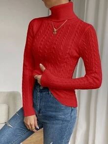 SHEIN Women's Elegant Cable Knit High Neck Long Sleeve Pullover Sweater - Red - View 5