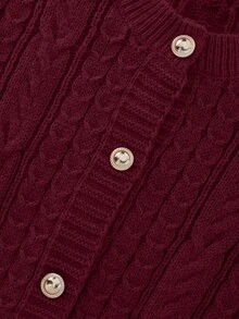 Franclia Caramel Cable Knit Cardigan, Round Neck Pearl Button Short Vintage Soft Style Sweater - Burgundy - View 3