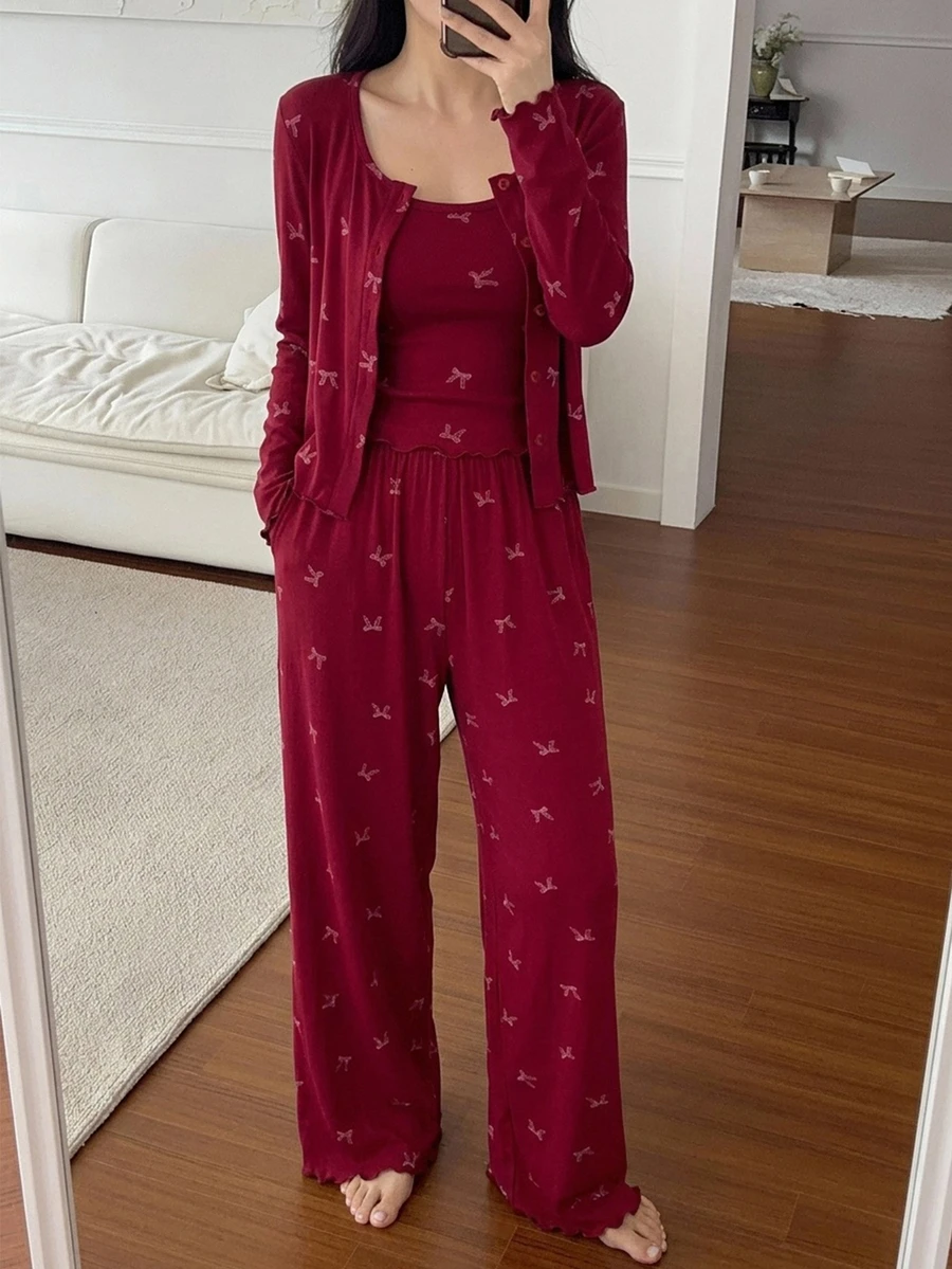 DAZY 3-Piece Women's Pajama Set With Bow Pattern All-Over Print Cardigan, Camisole And Long Pants - Burgundy - View 1