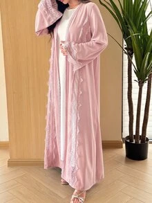 Al Najma 浪漫優雅純色大裙擺網紗蕾絲裝飾女款長袍 - 粉色 - 查看 7