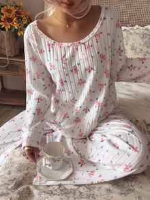 CottageSlumber Women's Romantic Floral Fleece Ribbed Asymmetrical Shoulder Long Sleeve Wide Leg Pants Pajama Set - White - View 8