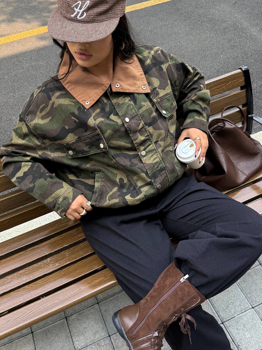 Rivivi Plus Size Women's Camouflage Lapel Casual Versatile Everyday Denim Jacket - Multicolor - View 1