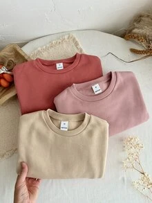 SHEIN LMoss Kids 女童 3 件組針織素色圓領寬鬆休閒秋季衛衣套裝 - 粉色 - 查看 3