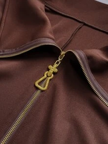 Maweii Jaket Wanita Ukuran Besar Model Batwing Lengan Panjang Warna Polos dengan Resleting - Coffee Brown - View 7