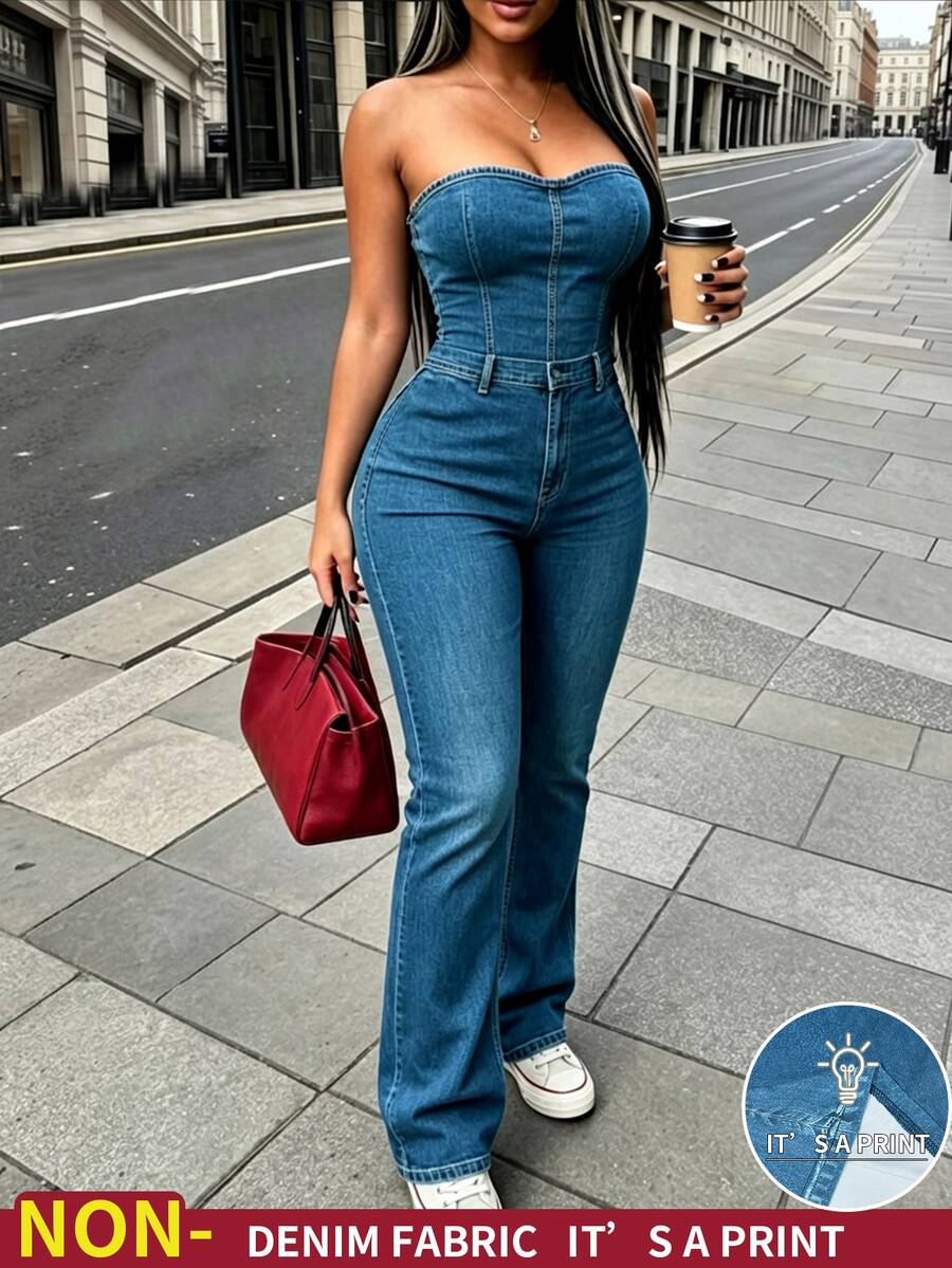 SHEIN LUNE Women's Blue Strapless Jumpsuit Two-Piece Set – Perfect For Street Style, Vacation, Festivals, And Sexy Club Nights; Suitable For All Seasons.