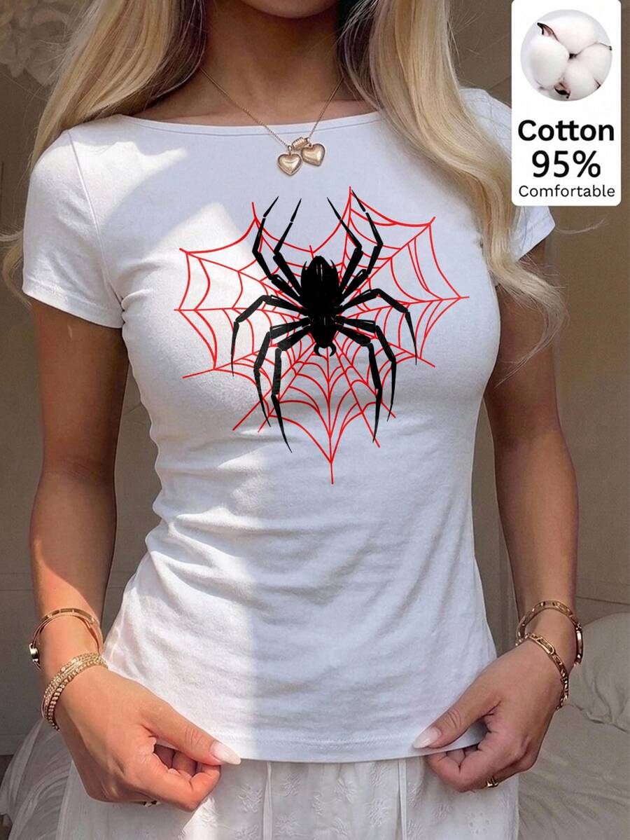 CovetEZ 休閒極簡性感露肩 95% 白色棉短袖 T-shirt,適合春夏,春夏服飾,蜘蛛印花圖案 - 白色 - 查看 1