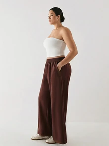 YARNWELL Plus Size Elastic Waist Loose Sweatpants With Pockets - Coffee Brown - View 7
