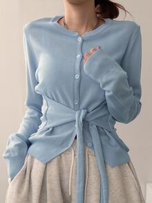 DAZY Women's Solid Color Sweet Button Tie Long Sleeve Knit Cardigan Fall - Blue - View 2