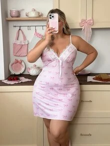 Slumberry CURVE Plus Size Women's Bowknot Striped Print Contrast Lace Cami Nightgown - Pink - View 5