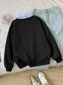 SHEIN 青少年女孩秋冬休閒復古學院風條紋不對稱拼接2合1套頭衛衣，年輕時尚穿搭，適合返校季、秋冬街頭穿搭、日常穿著 - 黑色 - 查看 2
