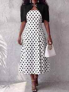 BamGlimmer Elegant Cape Polka Dot Print Dress 2 Pieces Set - Multicolor - View 6