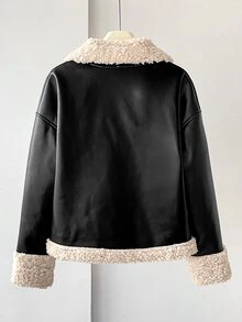 SHEIN 青少年女孩秋冬款 PU 人造毛一體長毛保暖夾克，加厚保暖內裡時尚街頭風寬鬆外套，黑色 - 黑色 - 查看 2