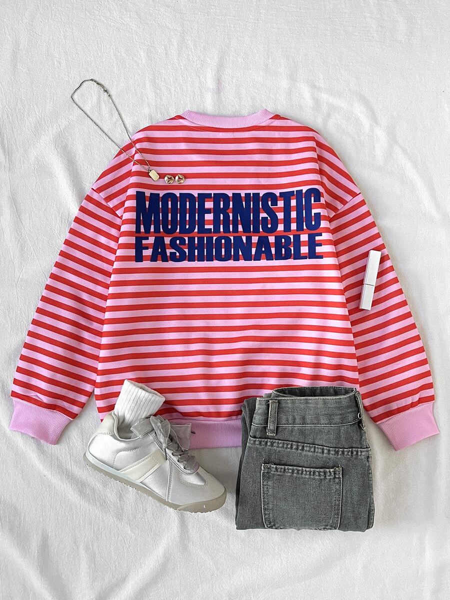 Tween Girls Sweatshirts, Autumn/Winter Cute Fleece Lined Pink Striped Letter Print Long Sleeve Pullover, Suitable For Back To School Fashion - Pink - View 1