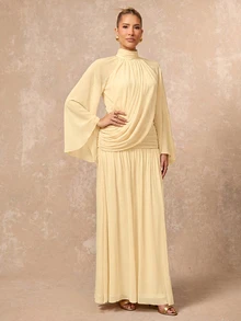 Lumalex Fall Winter Soft Comfortable Mesh Mock Neck Flowy Long Sleeve Ruched Draped Bodycon Dress With Flared Hem For Women Dawn-To-Gala Elegant Poised Let Yo - Apricot - View 4