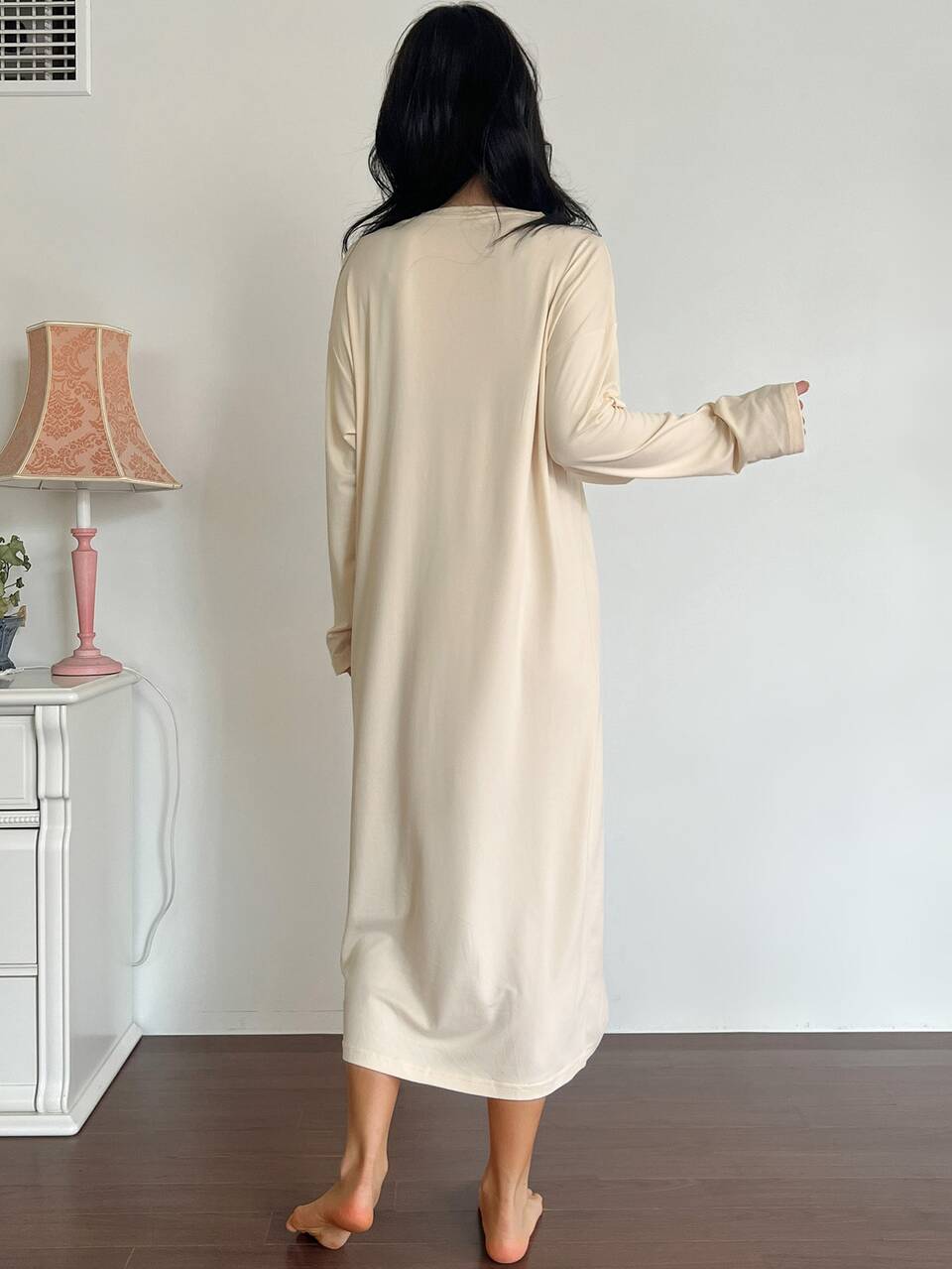 Women's Loose Long Sleeve T-Shirt Dress Nightgown With English Rabbit Pattern, Home Wear Dress