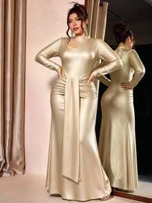 Cravure Plus Size Women's Semi-High Neck Hollow Waist Ruched Tie Belly-Covering Fishtail Maxi Dress - Champagne - View 5